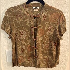 Clio Brown and Tan Paisley Crop Blouse with Mandarin Collar. Size Medium.